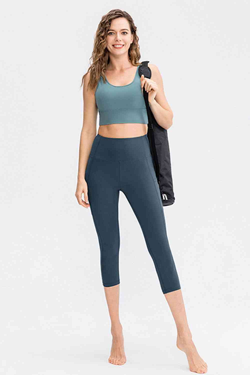 Wide Waistband Cropped Active Leggings with Pockets - TRENDMELO