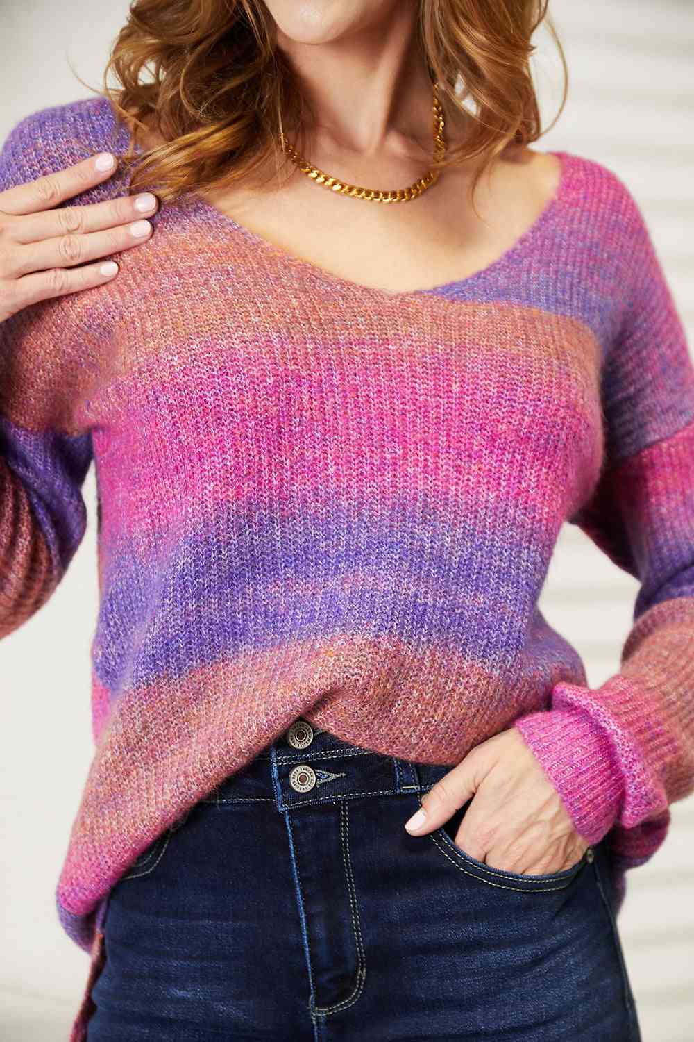 Double Take Multicolored Rib-Knit V-Neck Knit Pullover - TRENDMELO