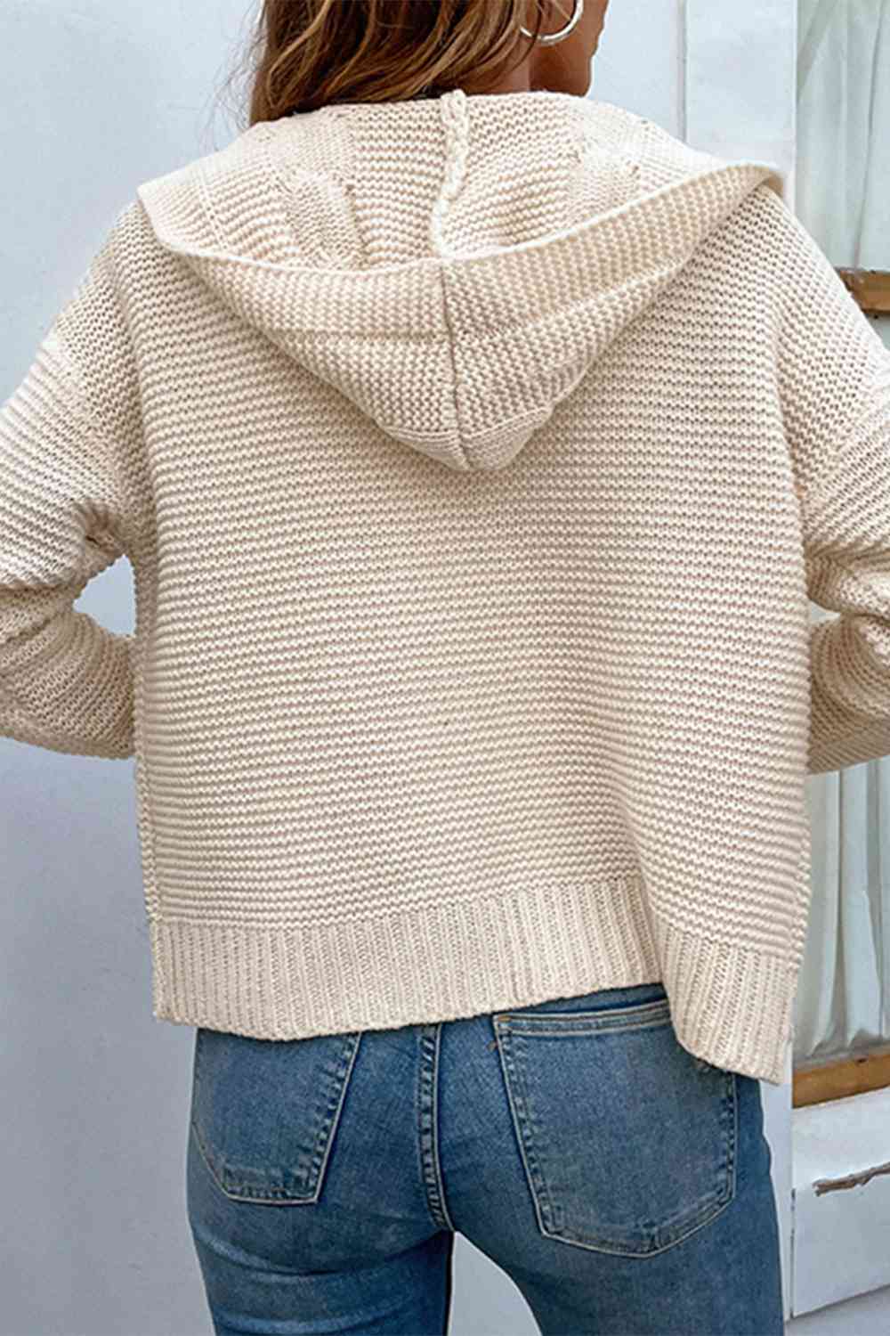 Cable-Knit Dropped Shoulder Hooded Cardigan - TRENDMELO