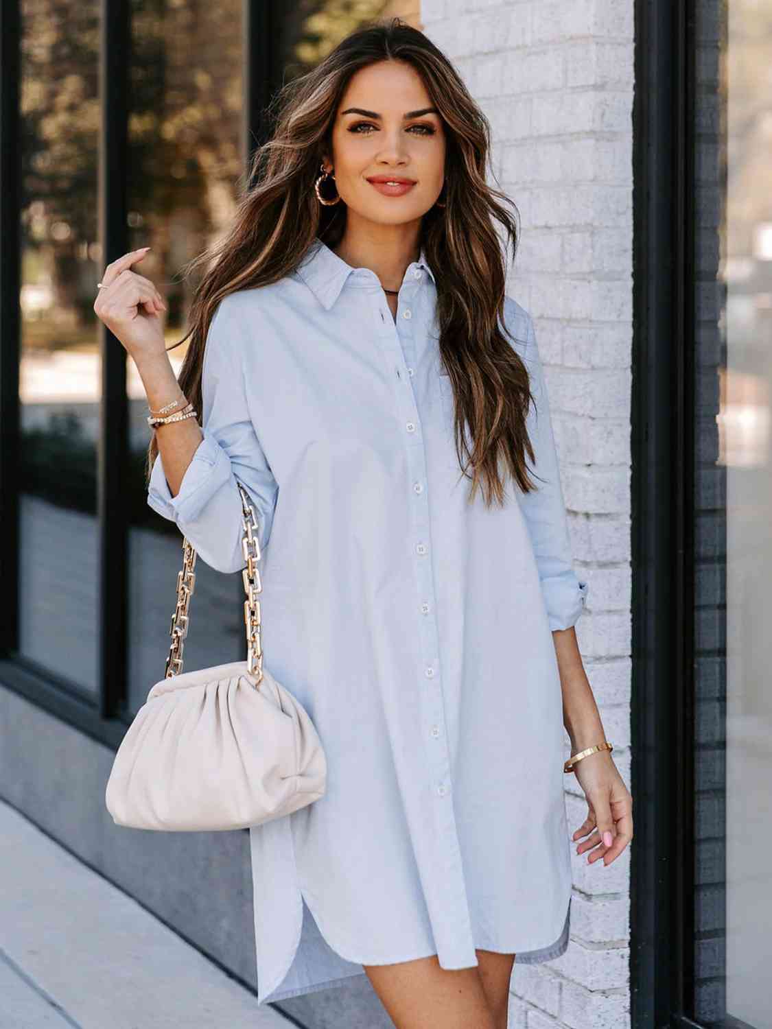 Button Up Collared Neck Long Sleeve Shirt Dress - TRENDMELO