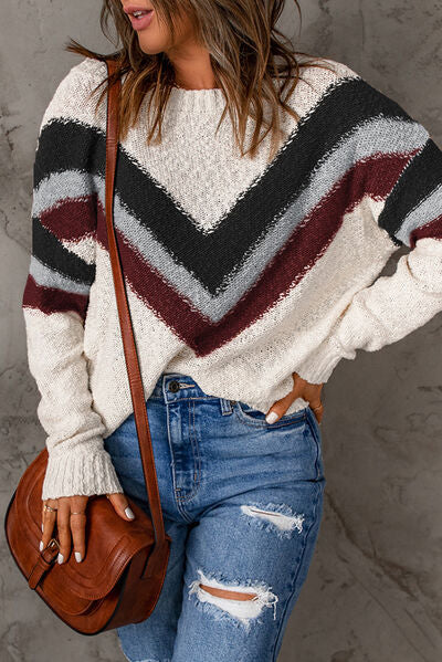 Contrast Round Neck Dropped Shoulder Sweater - TRENDMELO