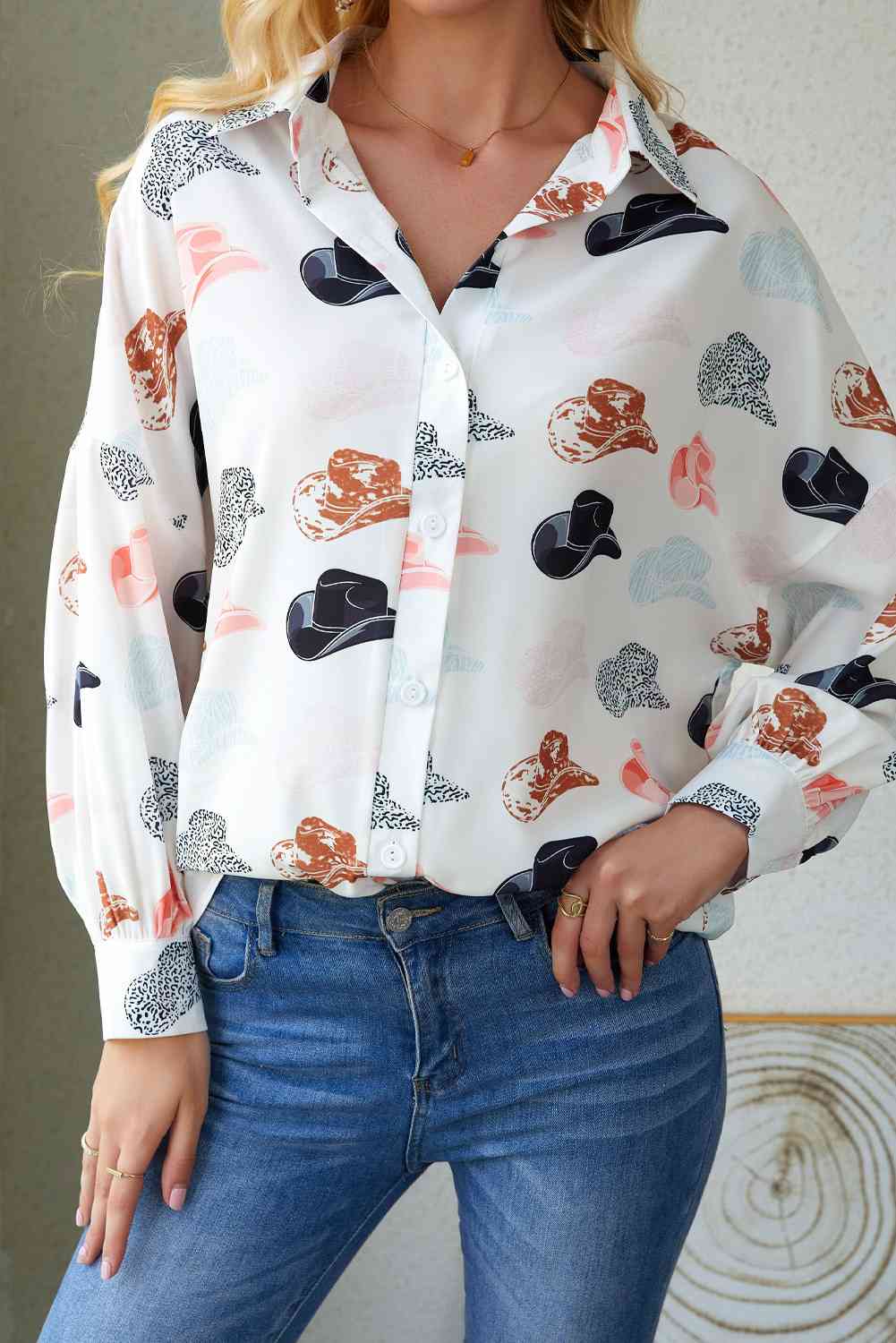 Hat Print Collared Neck Long Sleeve Shirt - TRENDMELO