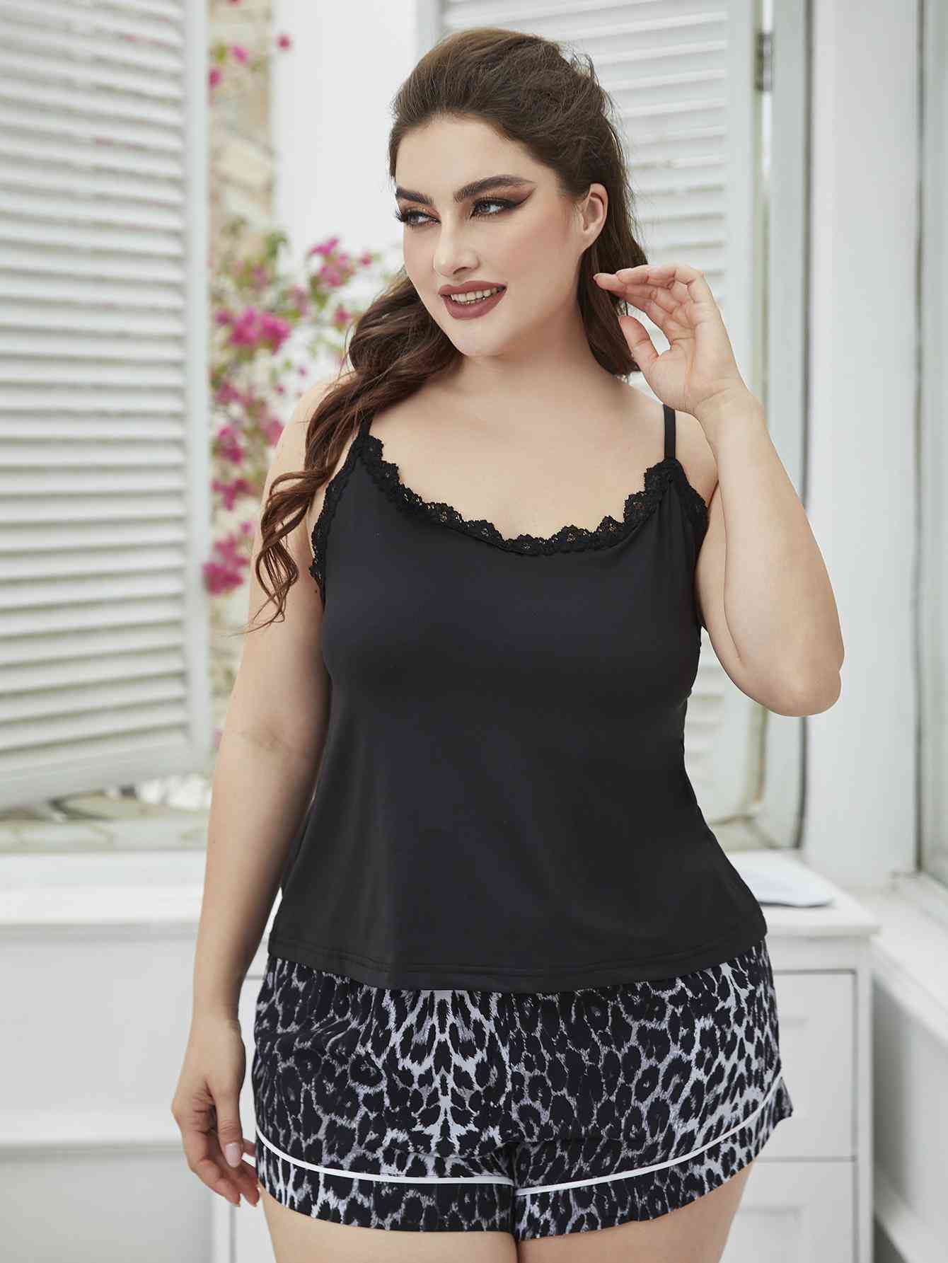 Plus Size Lace Trim Scoop Neck Cami and Printed Shorts Pajama Set - TRENDMELO