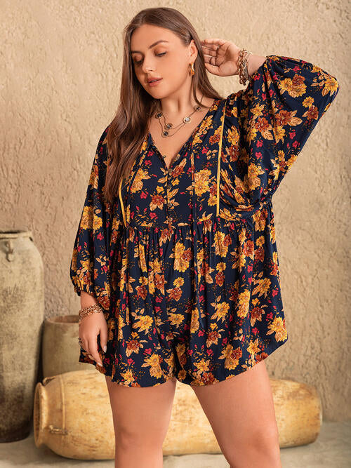 Plus Size Floral Tie Neck Balloon Sleeve Romper - TRENDMELO