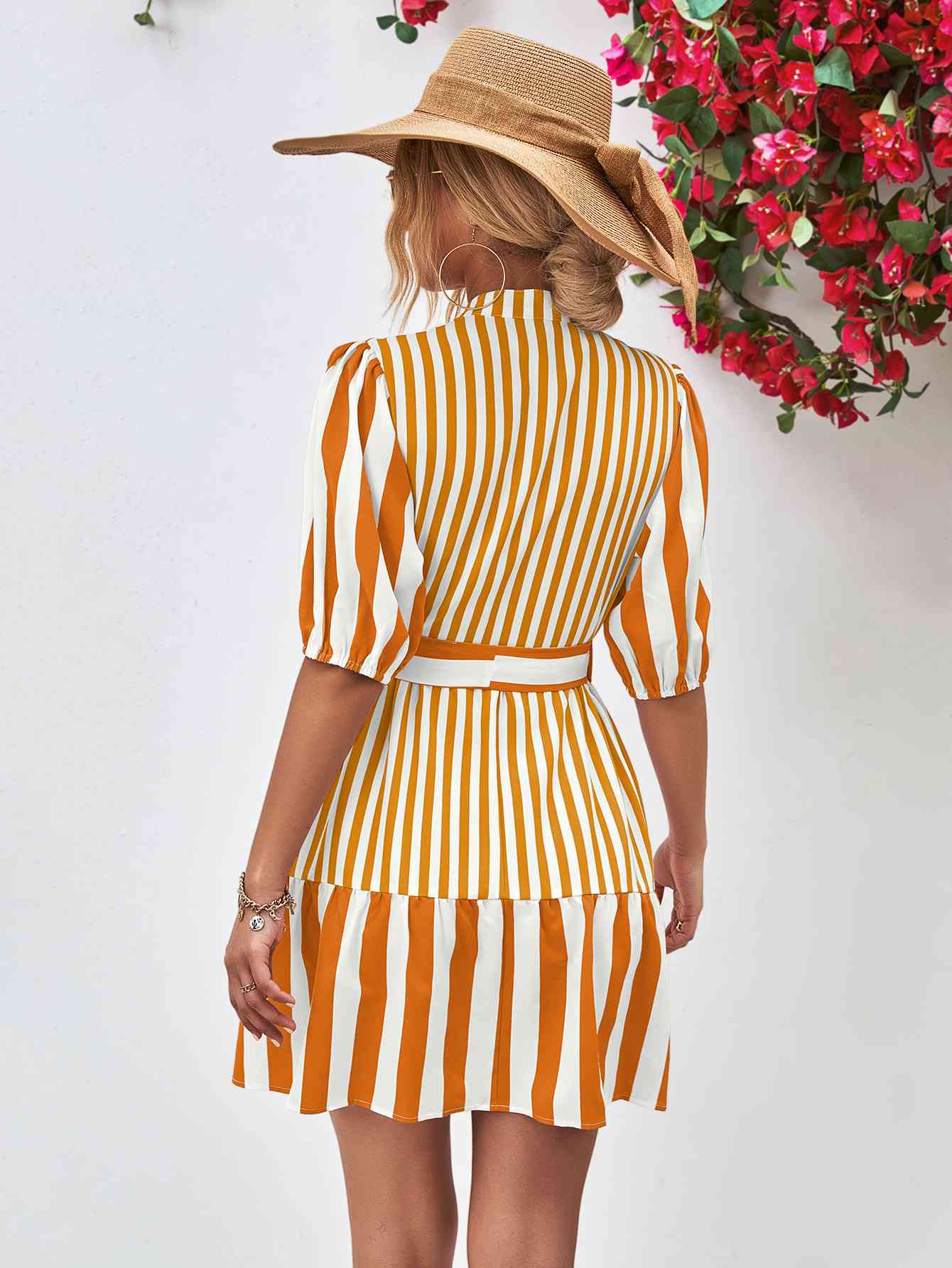 Striped Half Sleeve Tie Waist Mini Dress - TRENDMELO