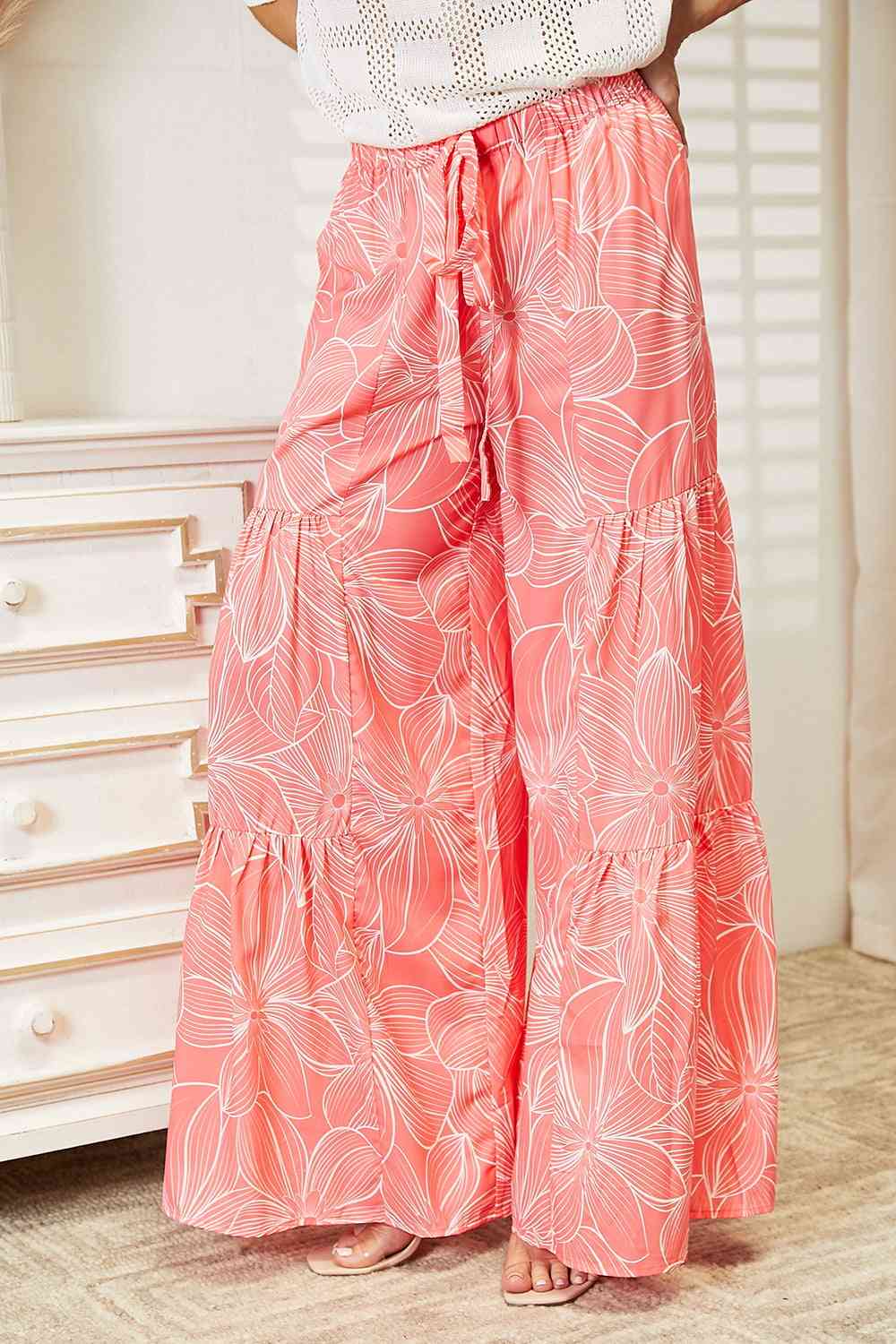 Double Take Floral Tiered Wide Leg Pants - TRENDMELO