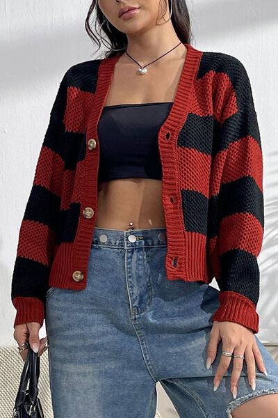 Striped Button Up Dropped Shoulder Cardigan - TRENDMELO