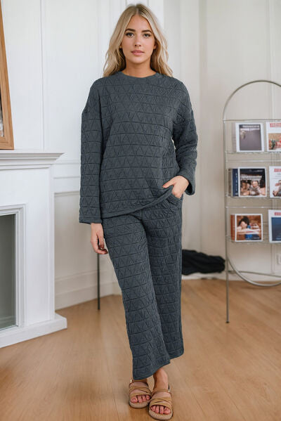 Round Neck Top and Pocketed Pants Lounge Set - TRENDMELO