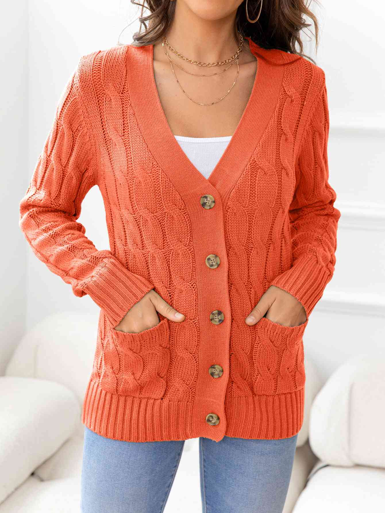 Button Down Cable-Knit Cardigan - TRENDMELO