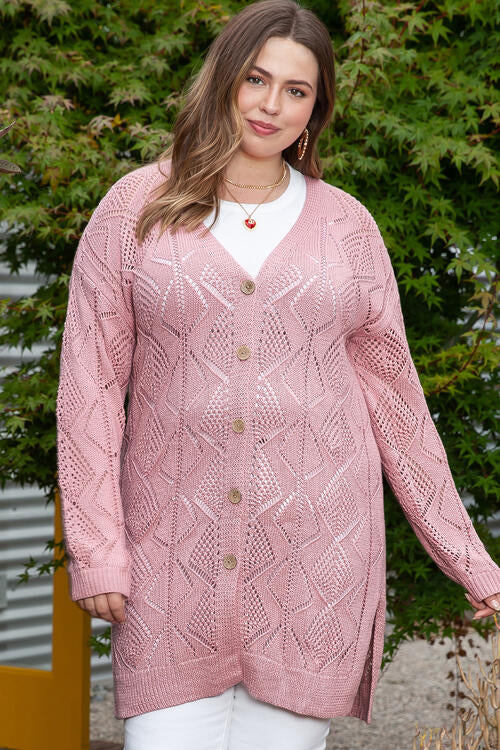 Plus Size Openwork V-Neck Long Sleeve Buttoned Cardigan - TRENDMELO