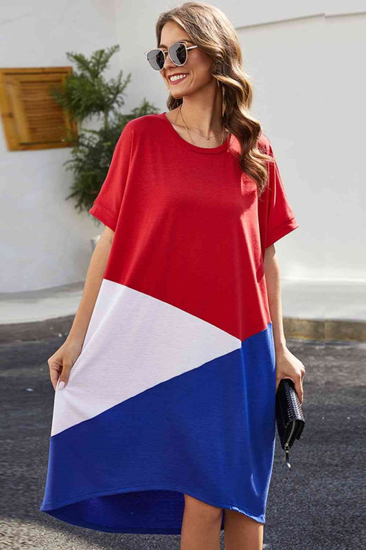 Color Block Round Neck Short Sleeve Dress - TRENDMELO