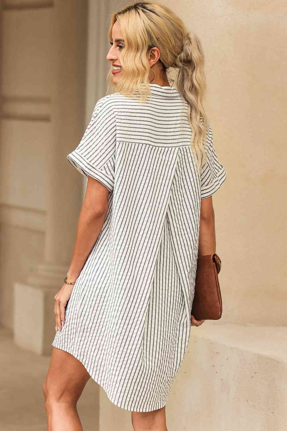 Full Size Striped Short Sleeve Shirt Dress - TRENDMELO