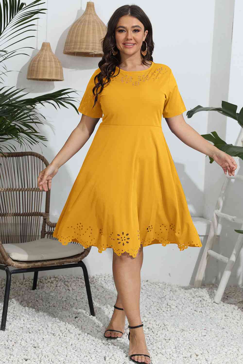 Plus Size Round Neck Openwork Dress - TRENDMELO