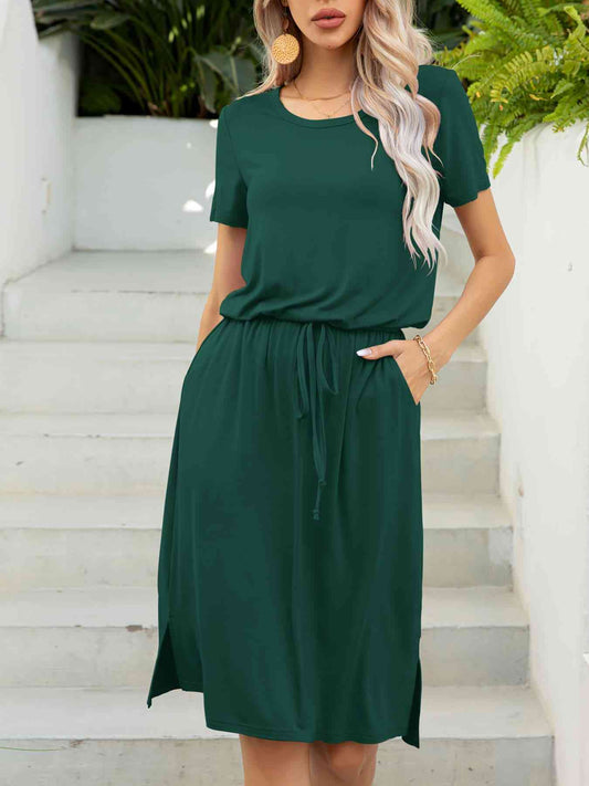 Round Neck Short Sleeve Slit Dress with Pockets - TRENDMELO