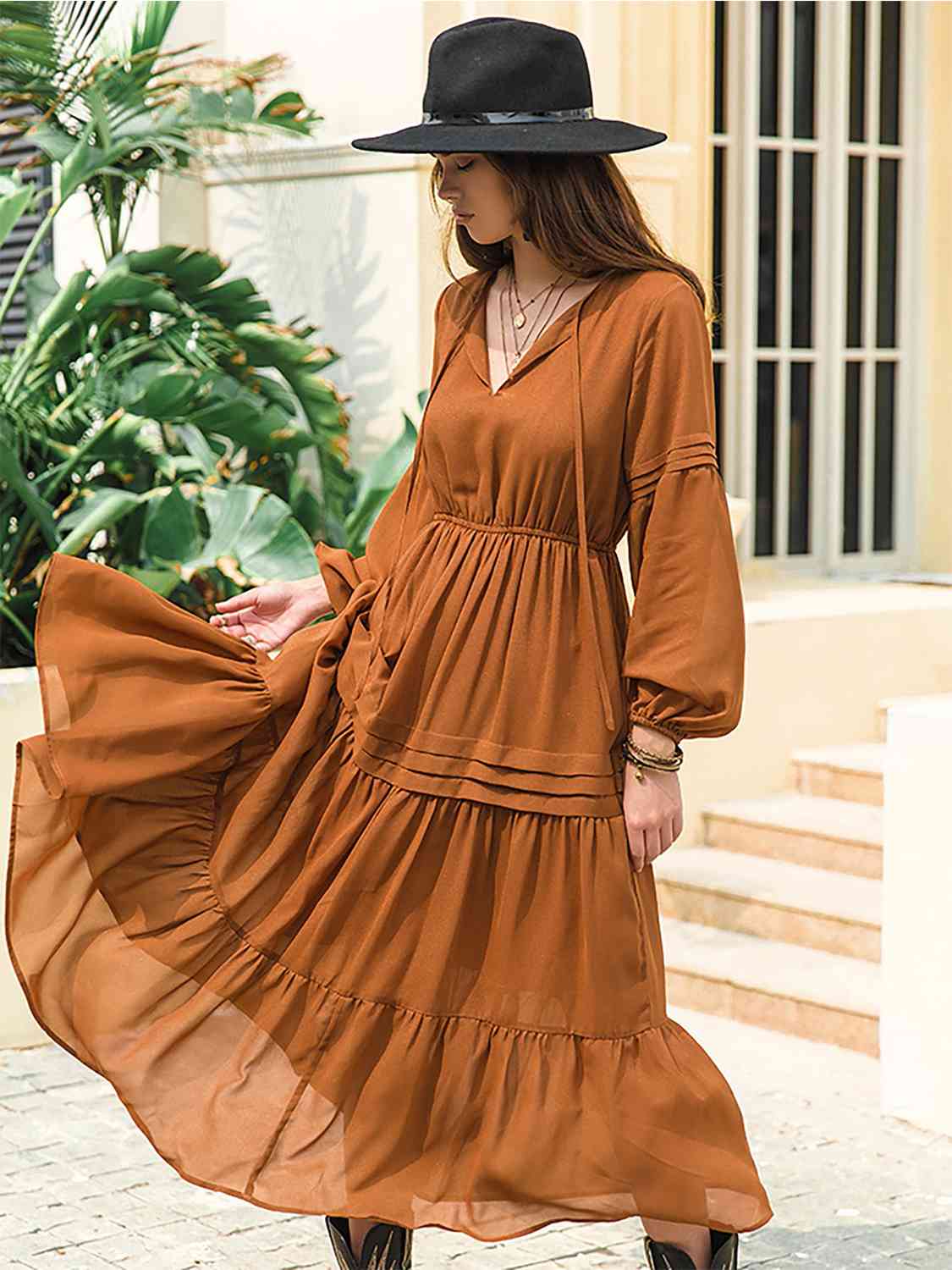 Tie Neck Long Sleeve Midi Tiered Dress - TRENDMELO