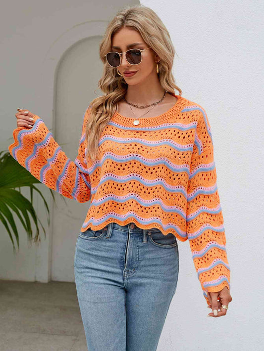 Round Neck Openwork Flare Sleeve Knit Top - TRENDMELO