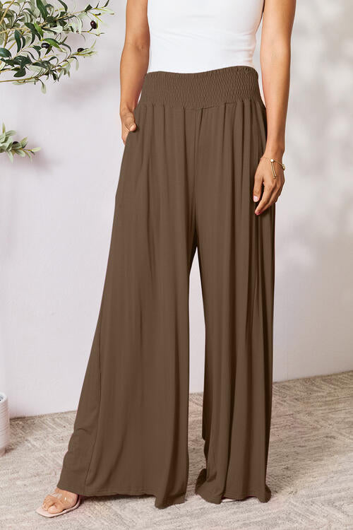 Double Take Full Size Smocked Wide Waistband Wide Leg Pants - TRENDMELO