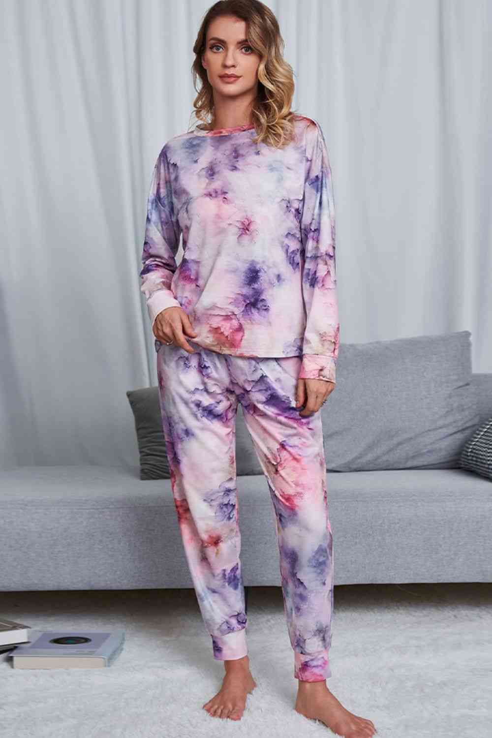 Tie-Dye Crewneck Top and Drawstring Waist Joggers Lounge Set - TRENDMELO