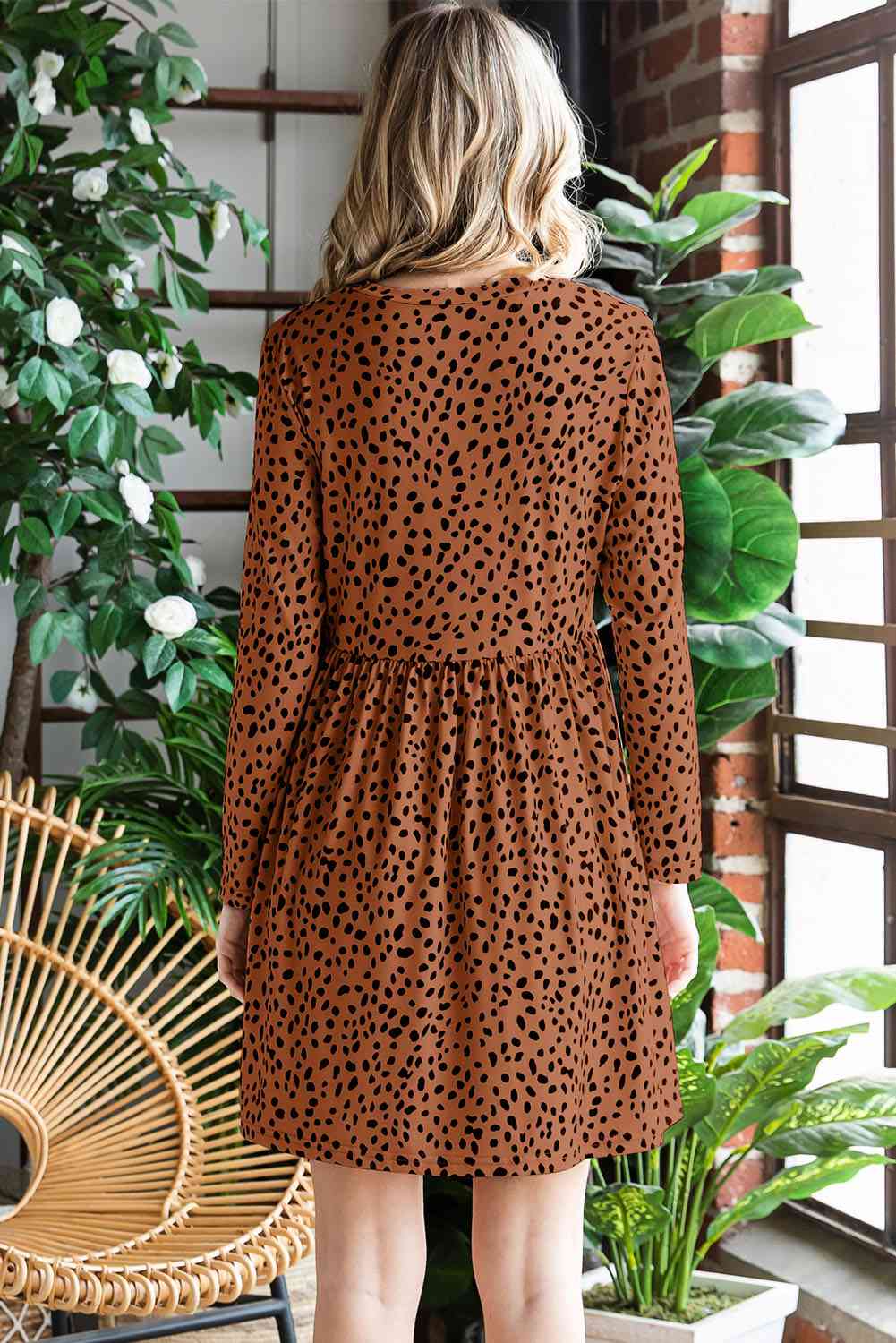 Printed Round Neck Long Sleeve Dress - TRENDMELO