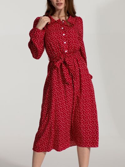 Tied Printed Button Up Balloon Sleeve Dress - TRENDMELO