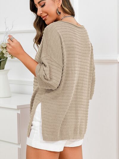 Rolled Round Neck Dropped Shoulder Slit Sweater - TRENDMELO