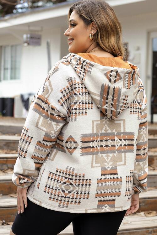 Plus Size Geometric Print Kangaroo Pockets Hoodie - TRENDMELO