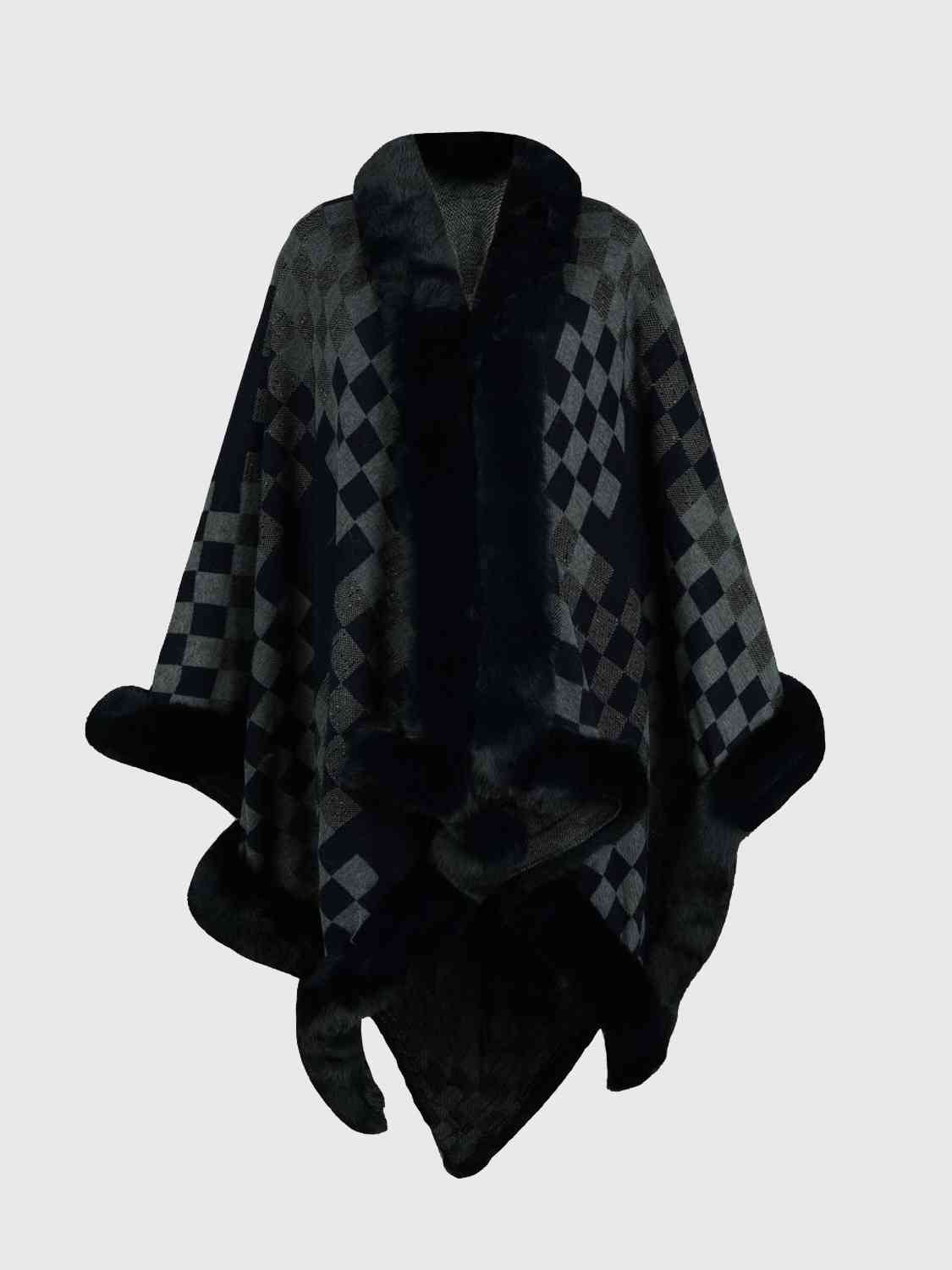 Checkered Faux Fur Trim Poncho - TRENDMELO