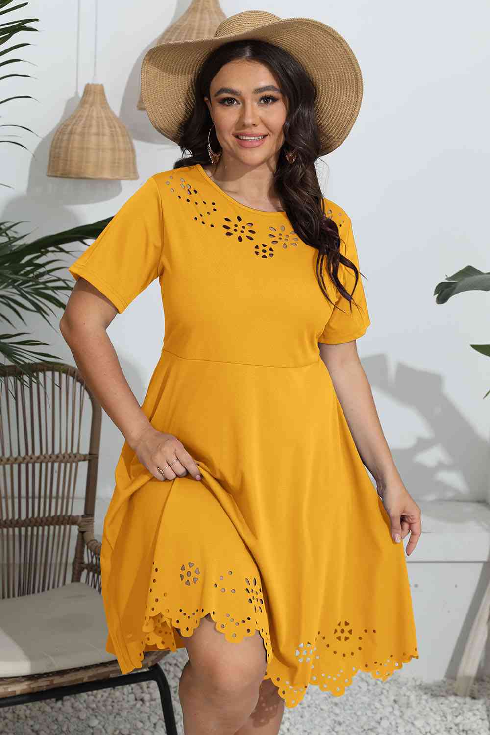 Plus Size Round Neck Openwork Dress - TRENDMELO