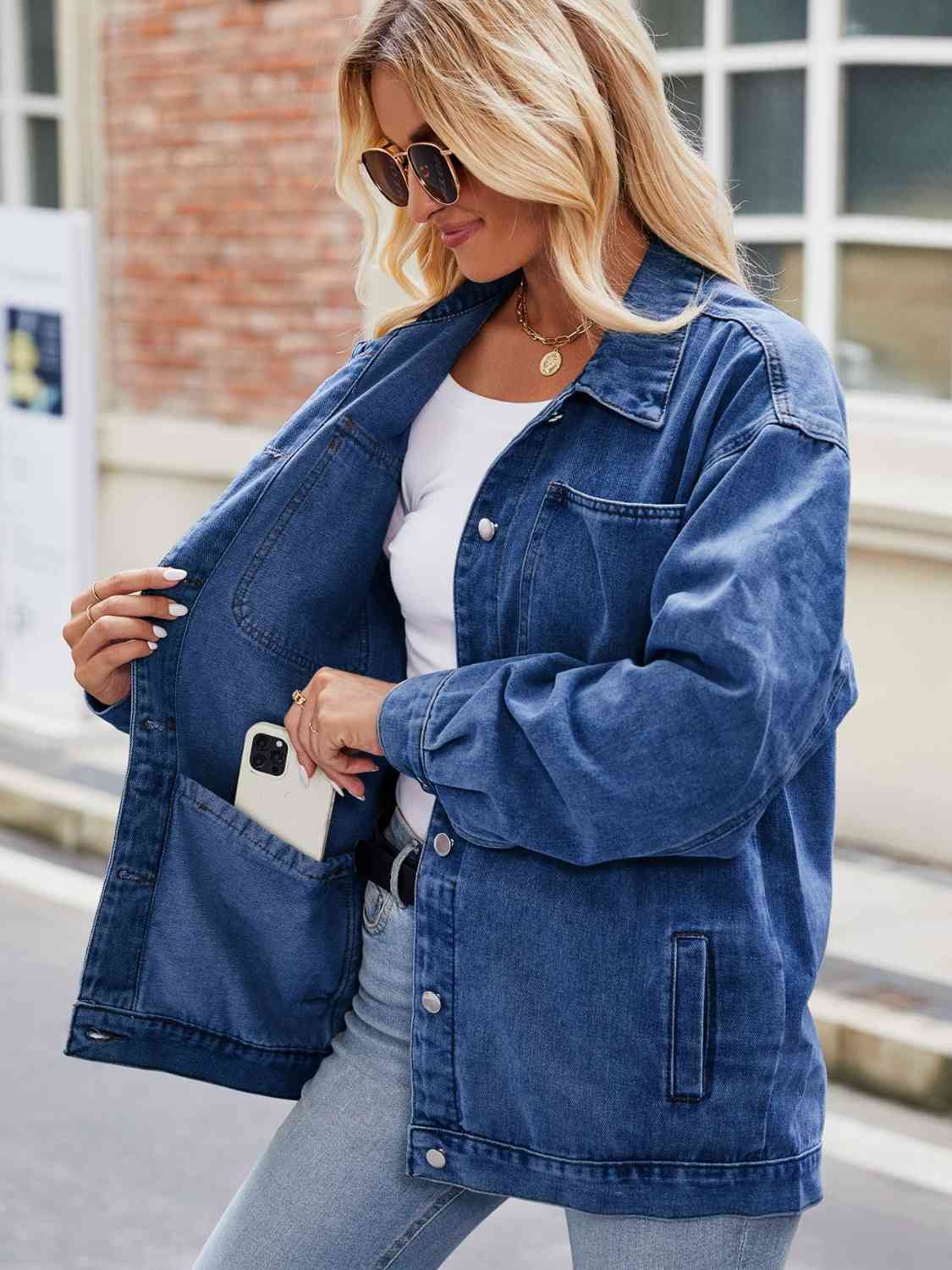 Button Up Denim Jacket with Pockets - TRENDMELO