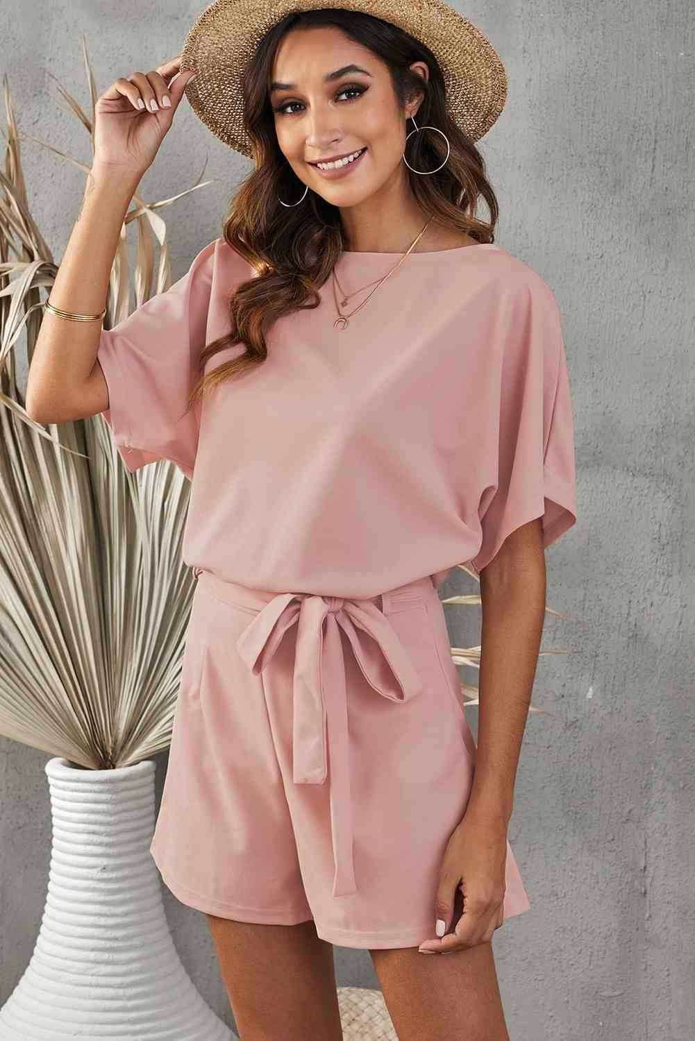 Tie Belt Short Sleeve Romper - TRENDMELO