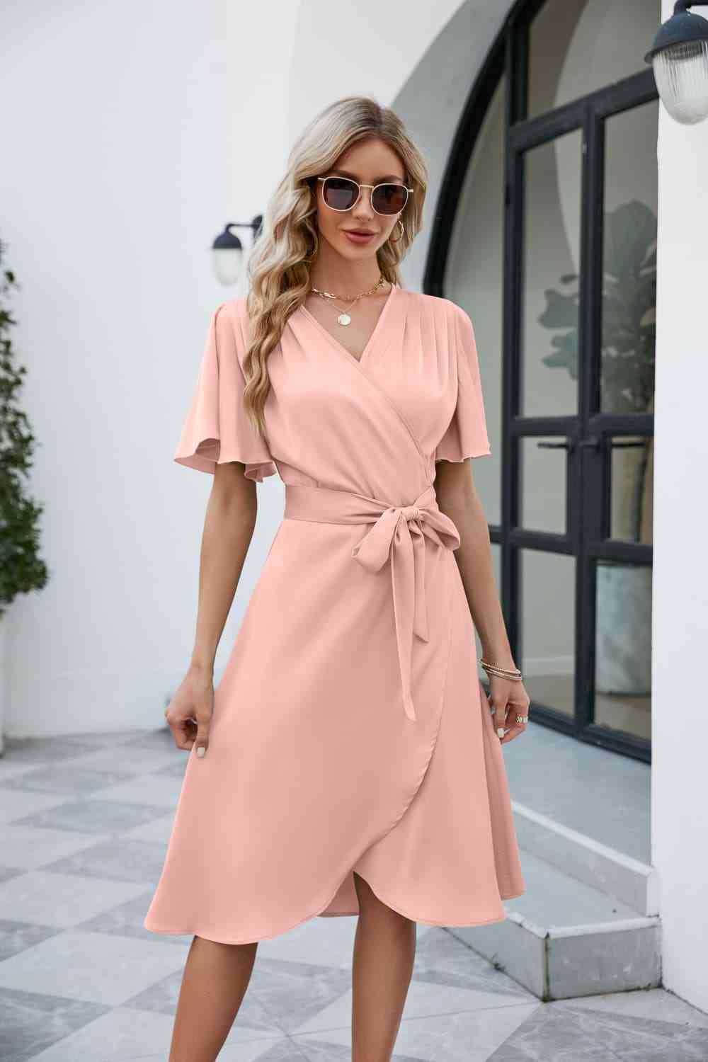 Tie Waist Flutter Sleeve Surplice Dress - TRENDMELO