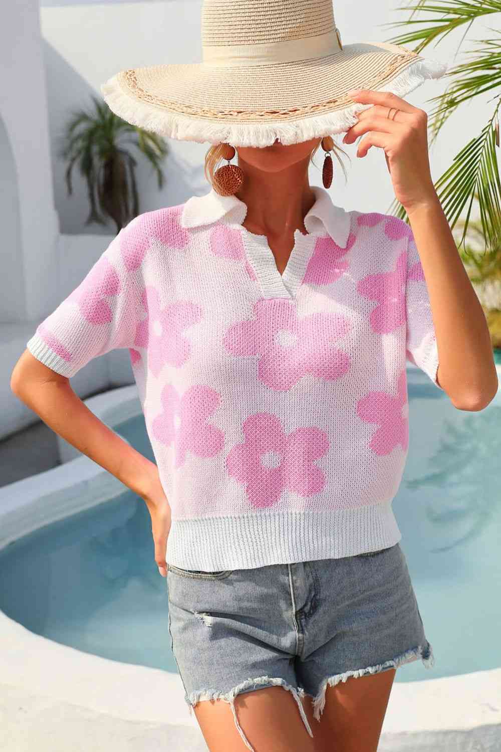 Floral Johnny Collar Half Sleeve Knit Top - TRENDMELO