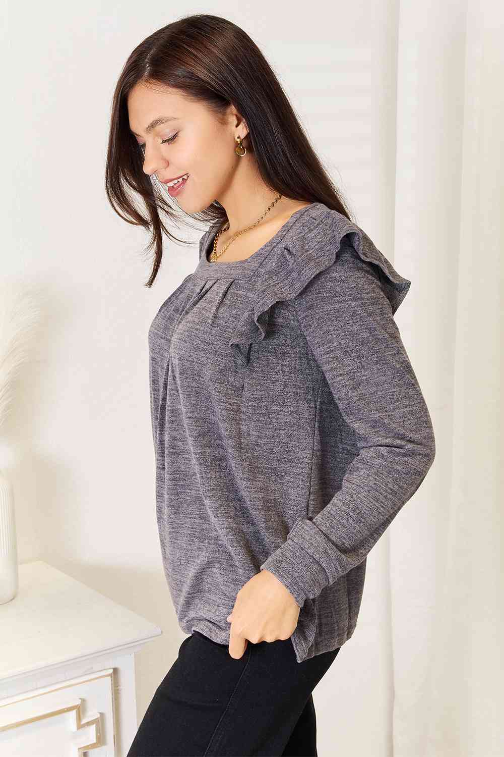 Double Take Square Neck Ruffle Shoulder Long Sleeve T-Shirt - TRENDMELO