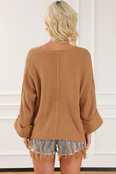Fringe V-Neck Long Sleeve Sweater - TRENDMELO