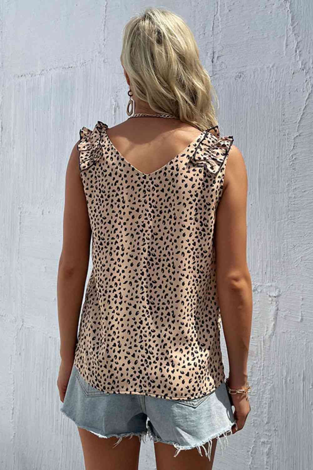 Leopard Frill Trim V-Neck Tank - TRENDMELO