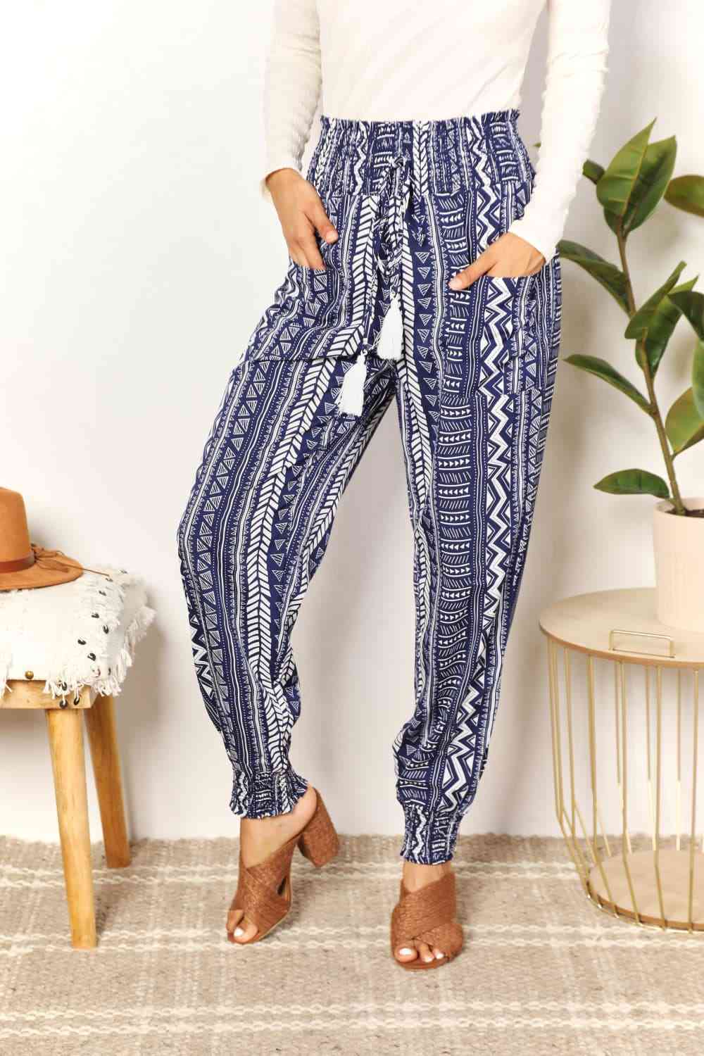 Double Take Geometric Print Tassel High-Rise Pants - TRENDMELO