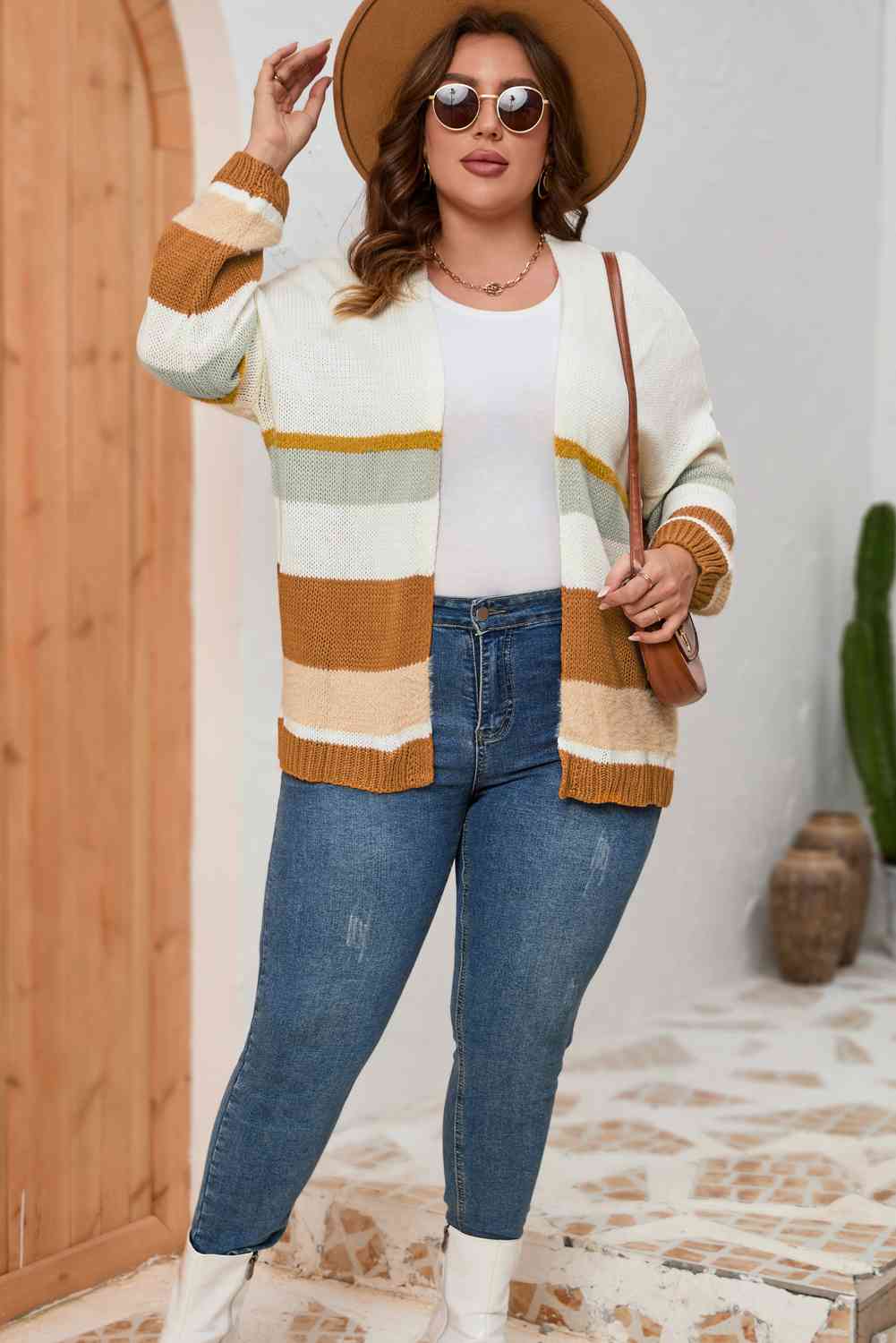 Plus Size Color Block Long Sleeve Cardigan - TRENDMELO