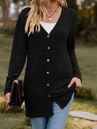 Ribbed Button Up Long Sleeve Cardigan - TRENDMELO