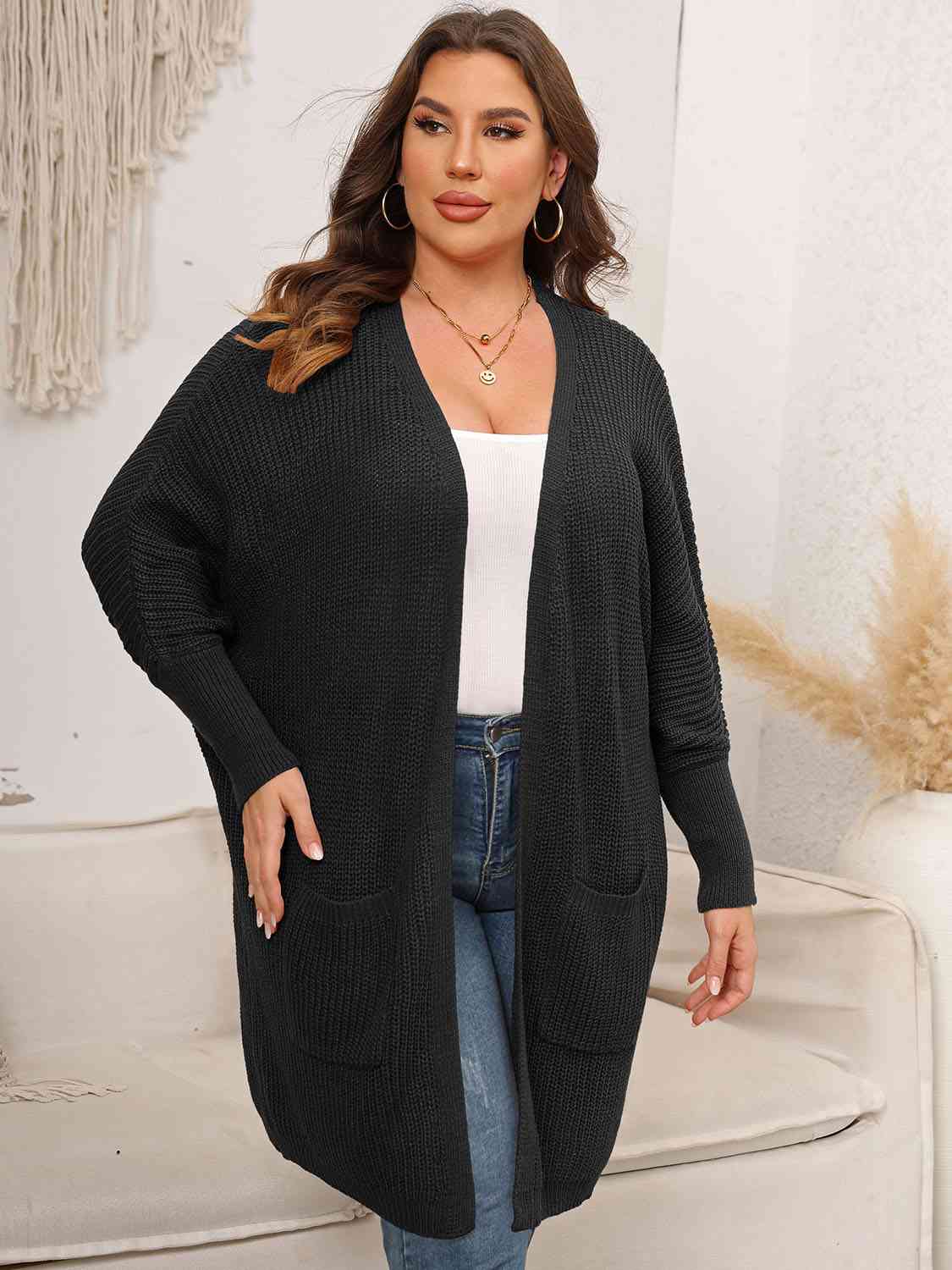 Plus Size Open Front Cardigan With Pockets - TRENDMELO