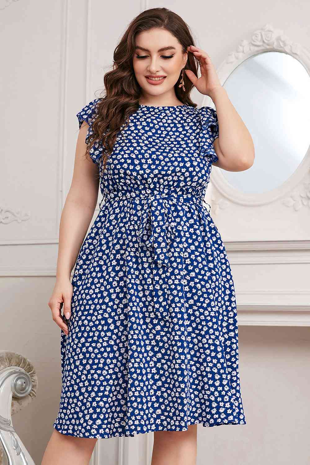 Plus Size Round Neck Tie Waist Dress - TRENDMELO