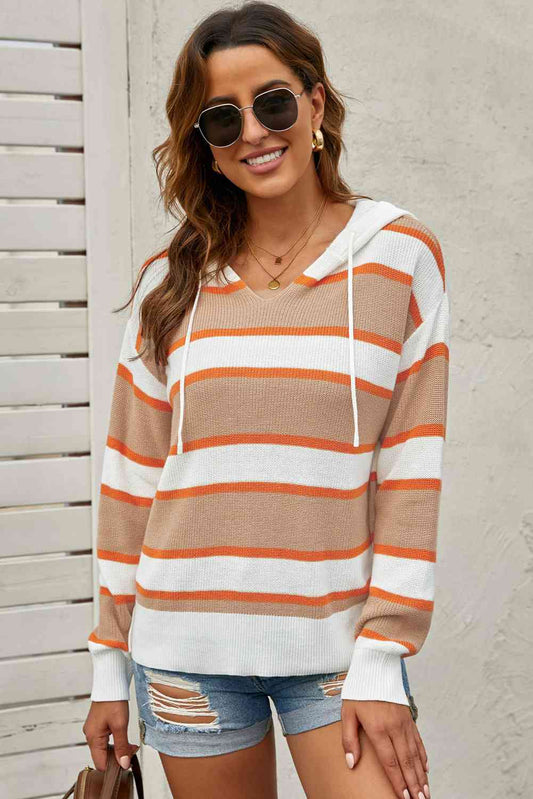 Striped Drawstring Hooded Sweater - TRENDMELO