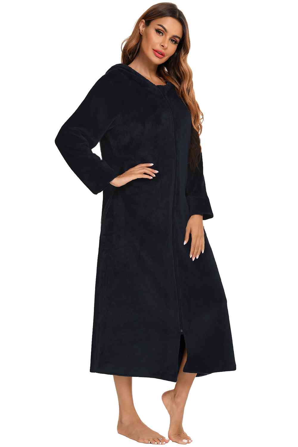 Zip Front Hooded Night Dress with Pockets - TRENDMELO