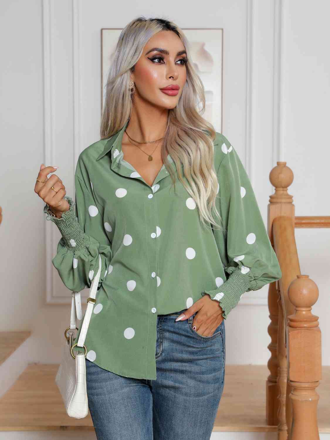 Polka Dot Collared Neck Buttoned Lantern Sleeve Shirt - TRENDMELO