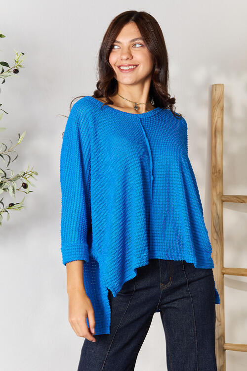 Zenana Full Size Round Neck High-Low Slit Knit Top - TRENDMELO