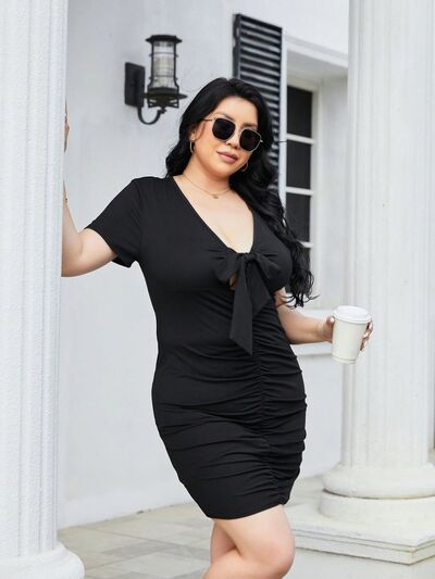 Plus Size Ruched Tied Short Sleeve Mini Dress - TRENDMELO