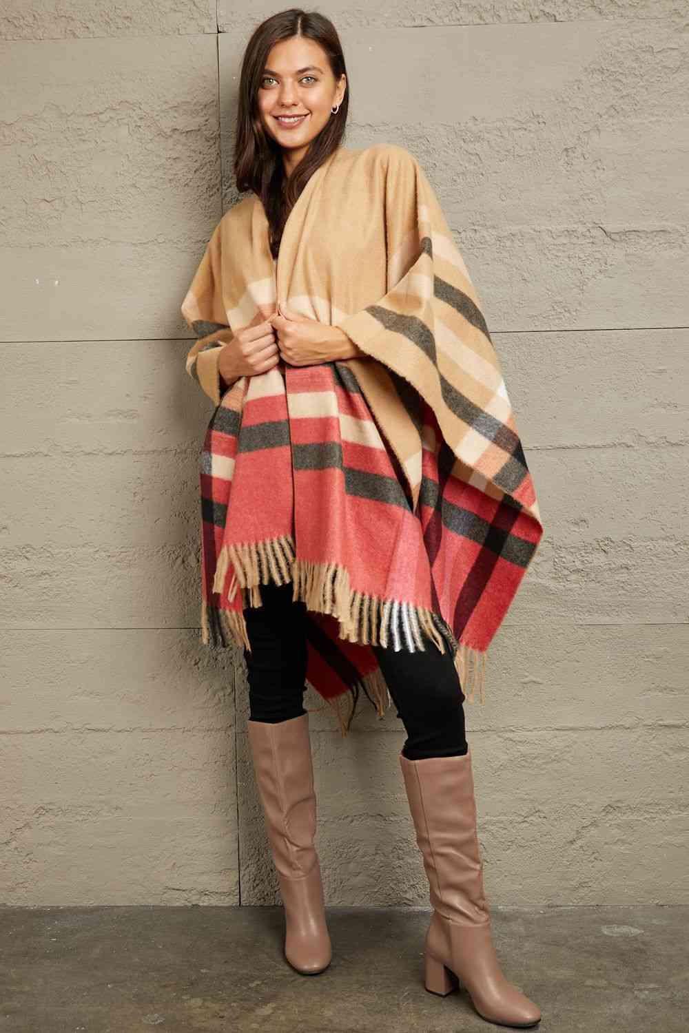 e.Luna Plaid Shawl Poncho Cardigan - TRENDMELO