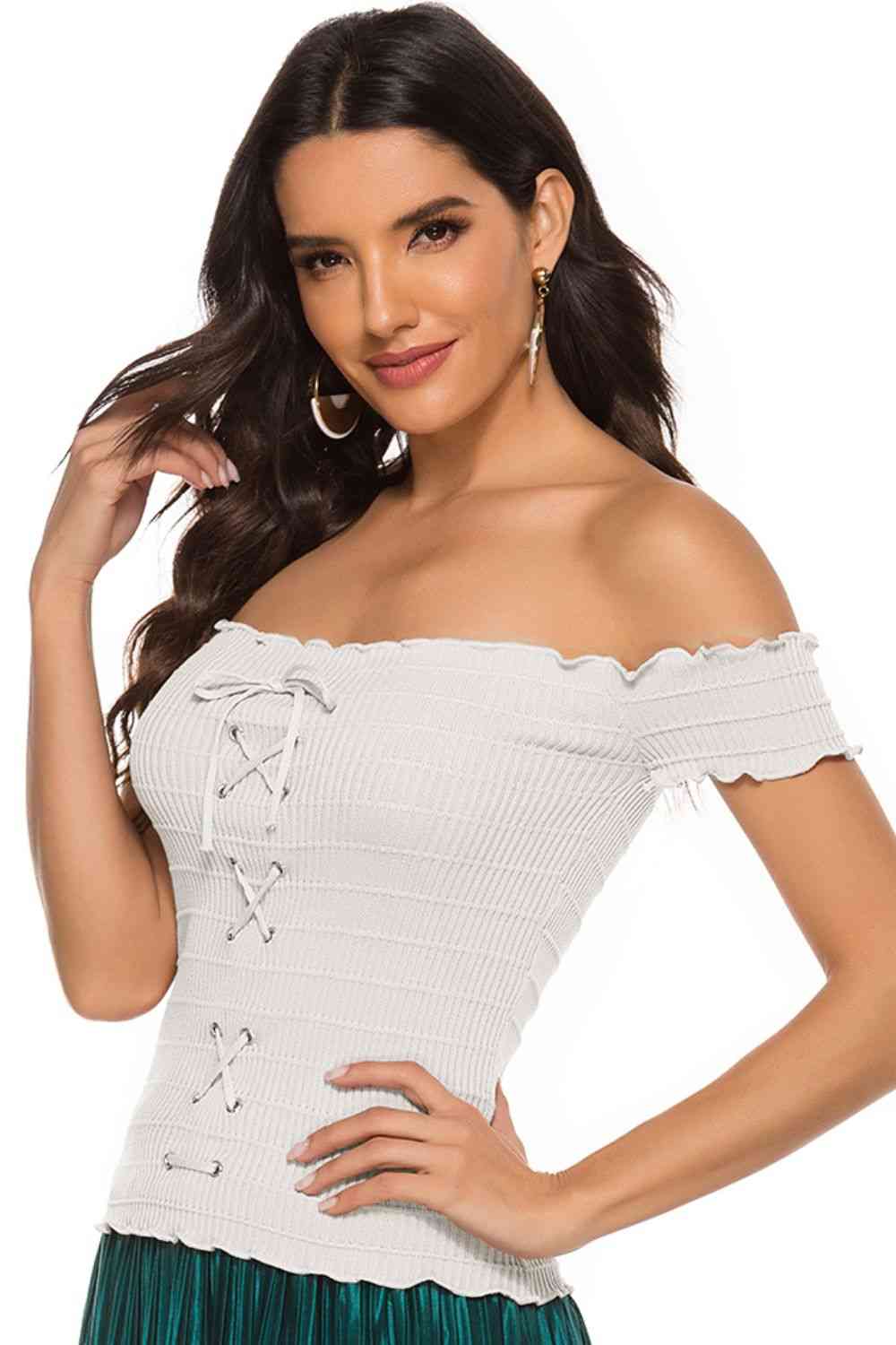 Lace-Up Front Lettuce Hem Off-Shoulder Knit Top - TRENDMELO