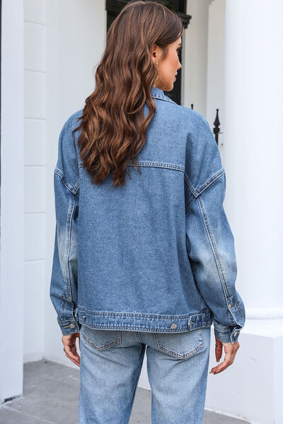 Button Up Dropped Shoulder Denim Jacket with Pockets - TRENDMELO