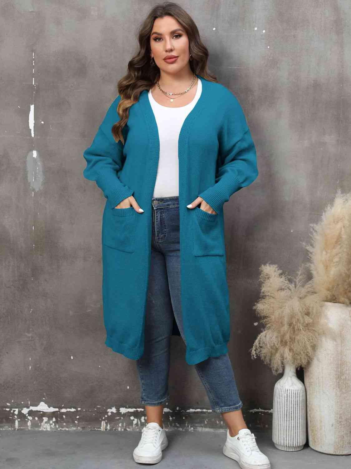 Plus Size Long Sleeve Pocketed Cardigan - TRENDMELO