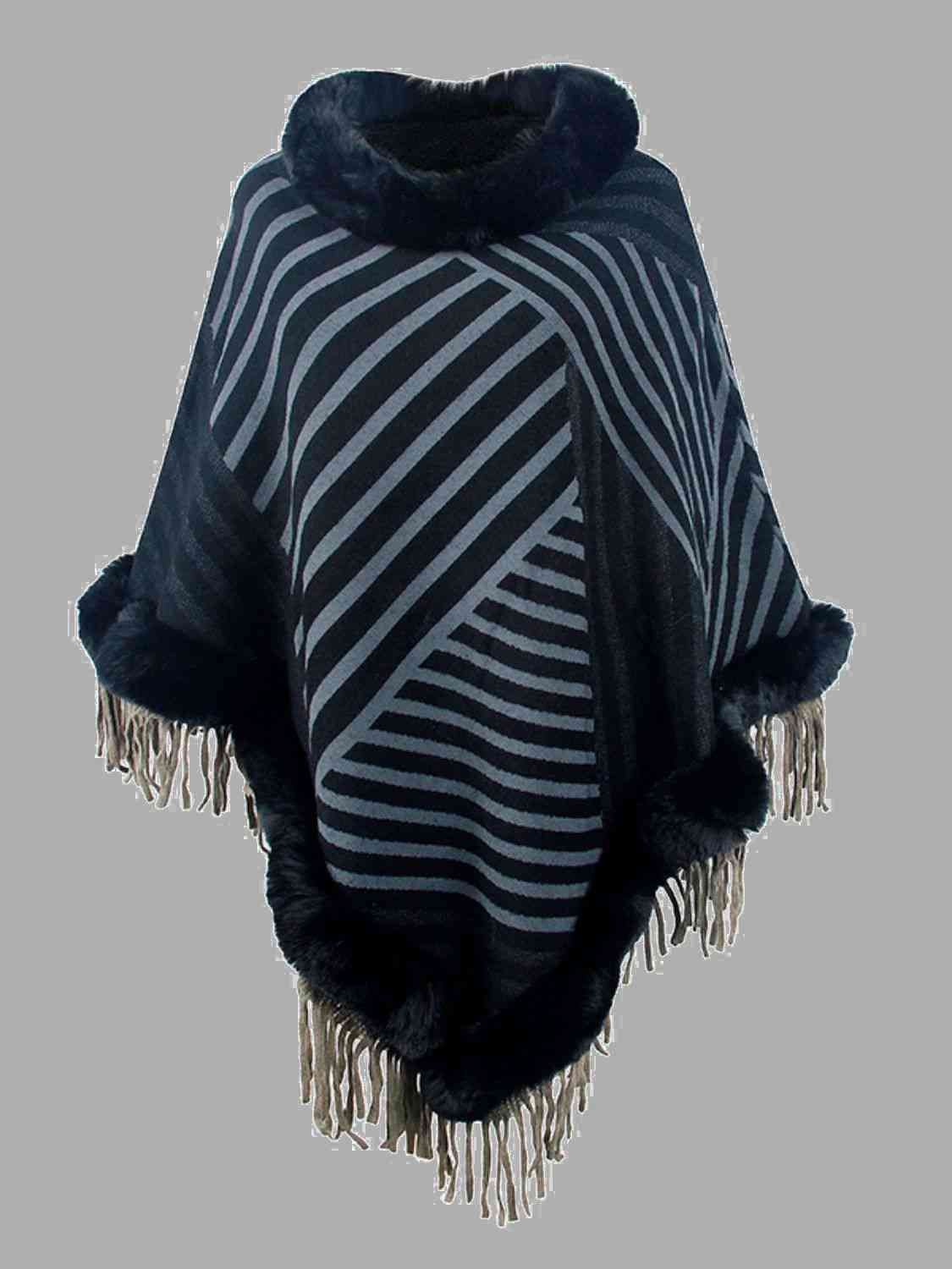 Striped Fringe Hem Poncho - TRENDMELO